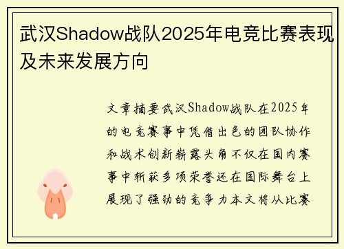 武汉Shadow战队2025年电竞比赛表现及未来发展方向